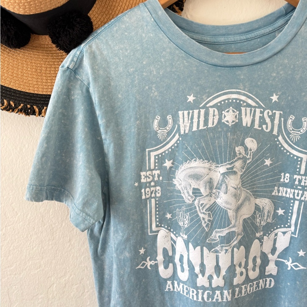 Rebellious One Blue Acid Wash Wild West Cowboy Tee Size Medium Western Boho - Picture 6 of 8